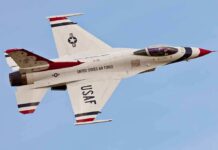 USAF fighter jet in flight against clear sky